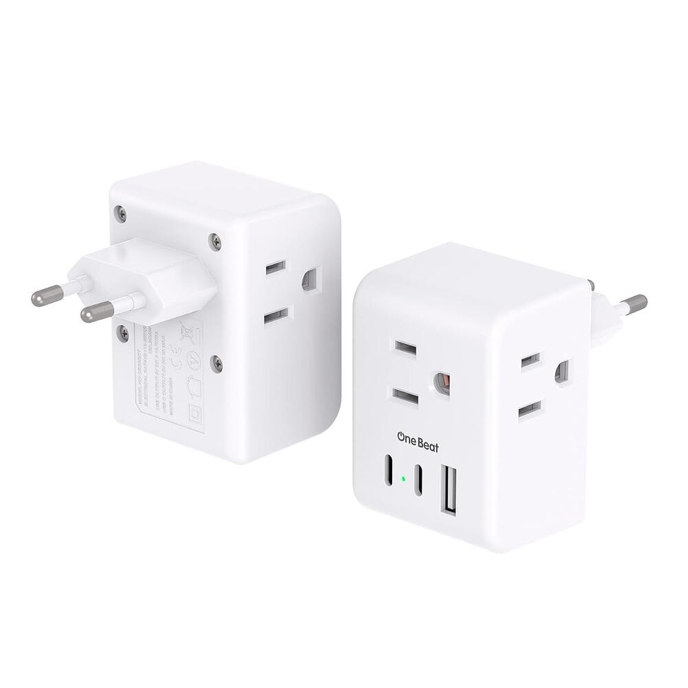 NIB One Beat European Travel Plug Adapter 2-Pack 3 Outlets USB-A USB-C Type C